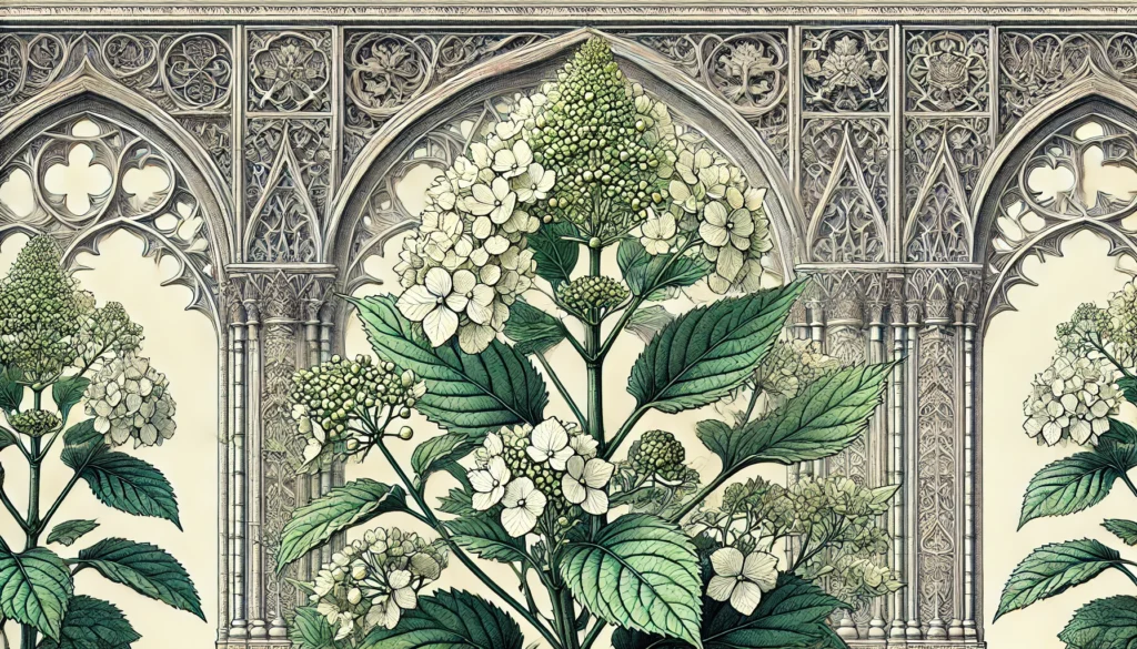 Detailed illustration of a Seven Bark (Hydrangea arborescens) plant with clusters of white flowers.