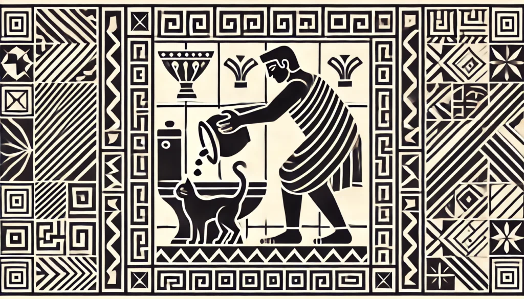 Geometric Period-style artwork showing a clothed human pouring cat litter into a toilet, inspired by ancient Greek pottery with intricate patterns and no text.