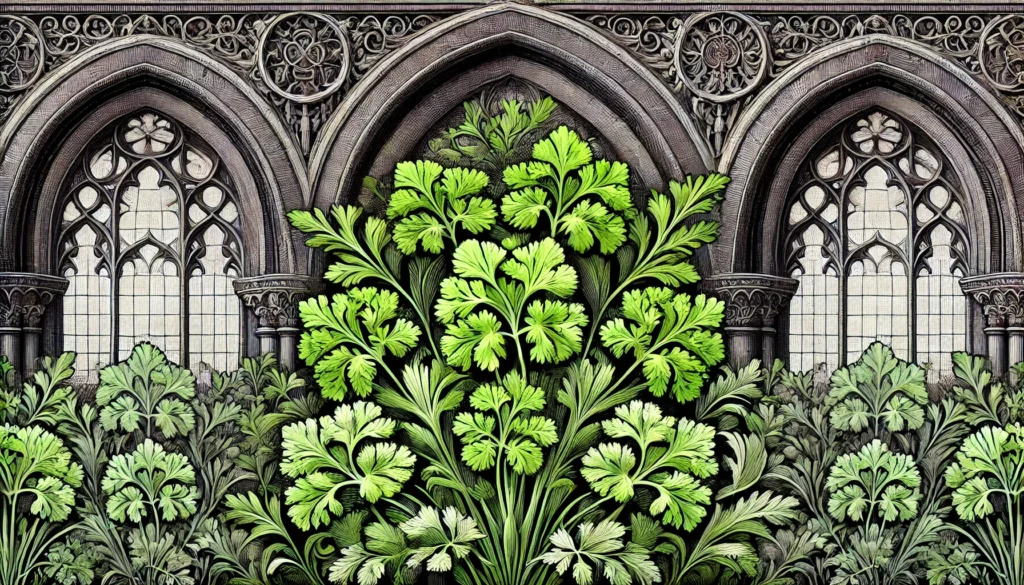 Illustration of Parsley plants in a gothic architectural style with bright green curly leaves