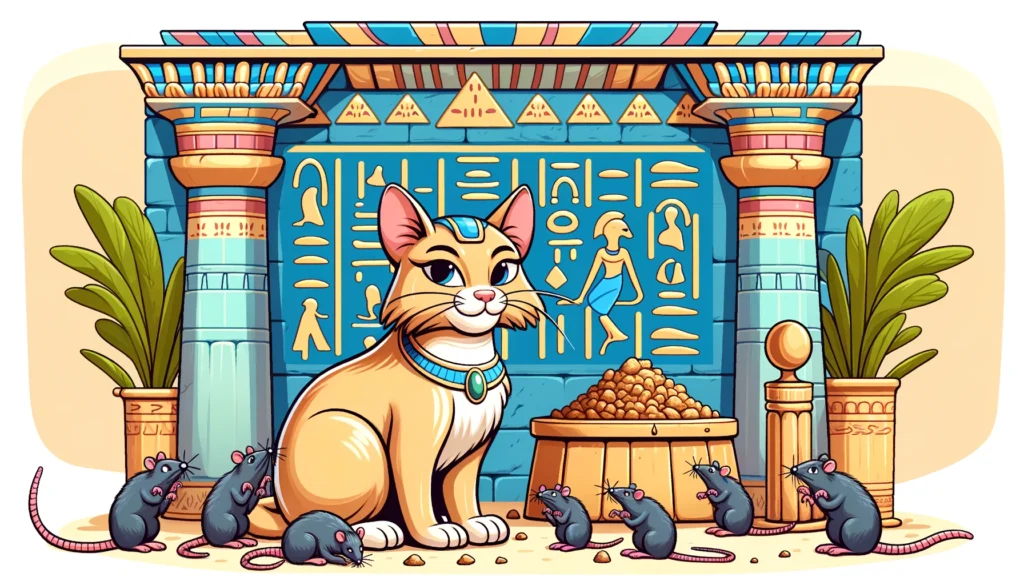 Does cat litter keep rats away in Egyptian Ptolemaic Period art style with a cat and hesitant rats.