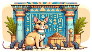 Does cat litter keep rats away in Egyptian Ptolemaic Period art style with a cat and hesitant rats.
