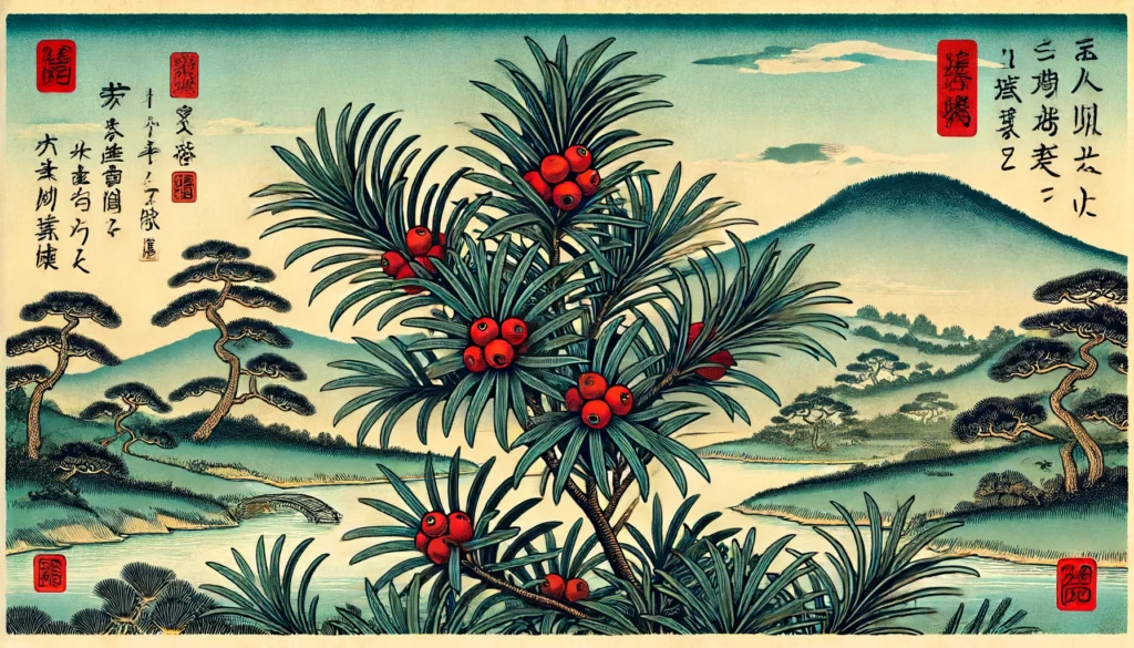 Illustration of an American Yew plant in Ukiyo-e style