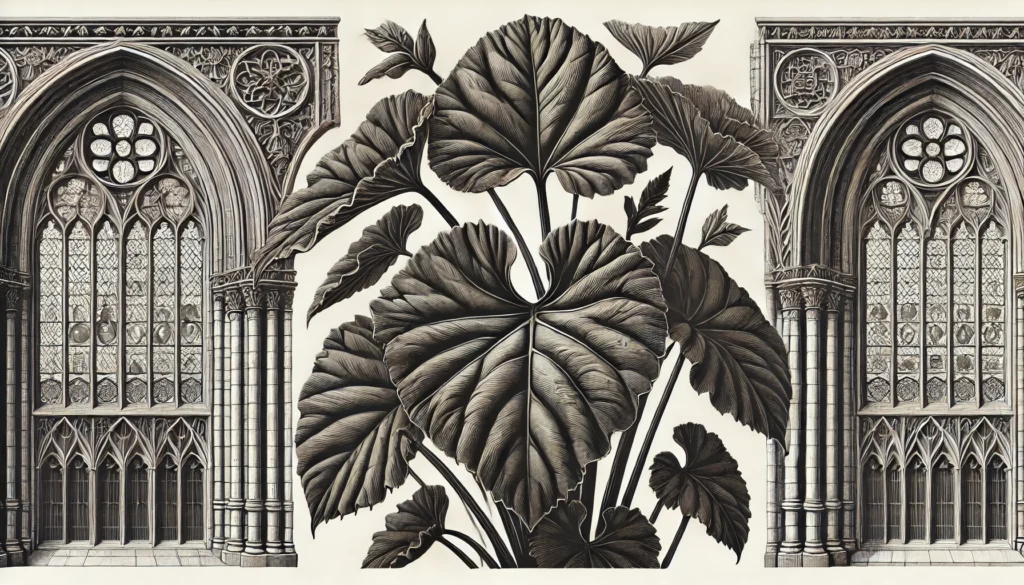 Gothic-style illustration of a Begonia masoniana plant