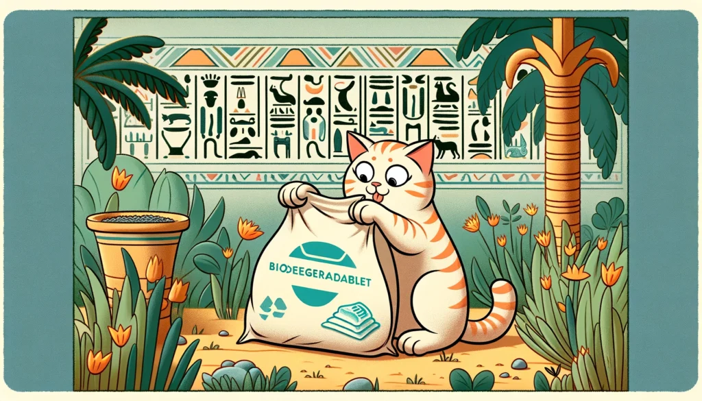 Cartoon-style illustration of a cat with biodegradable cat litter bags in Egyptian Ptolemaic Period art style.