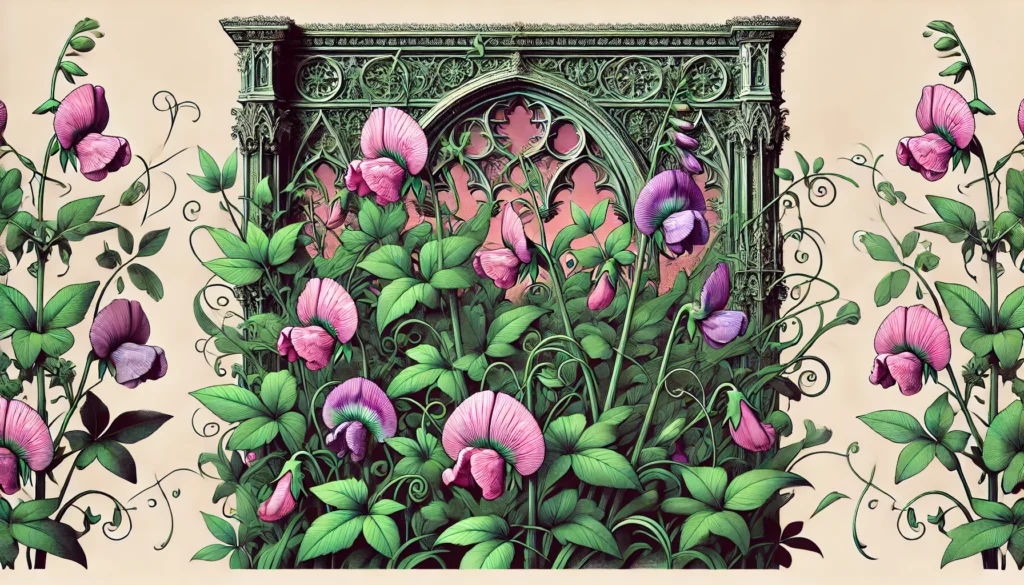 Perennial Pea plant with green leaves and pink-purple flowers in front of intricate gothic architecture.