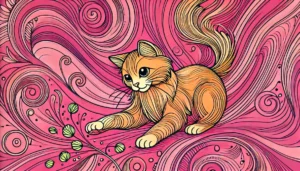 Stylized illustration of a playful orange cat reaching towards green catnip leaves, with swirling pink and purple lines in the background.