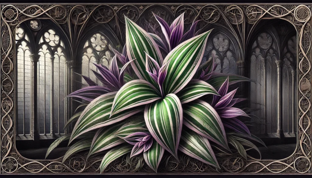 Gothic-style artistic depiction of a Variegated Inch Plant (Tradescantia zebrina) with intricate detailing.