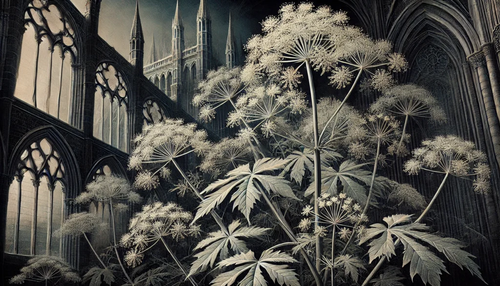 Gothic-style artistic depiction of a Water Hemlock plant (Cicuta) with intricate detailing.