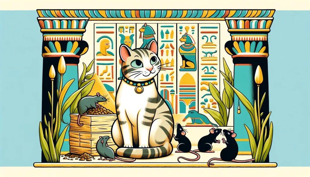 Does cat litter keep rats away in Egyptian Ptolemaic Period art style with a cat and hesitant rats.