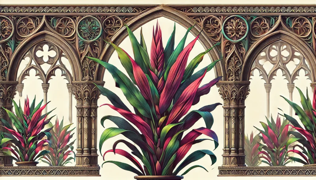 Ti-Plant (Cordyline terminalis) with vibrant, lance-shaped leaves in a Gothic-style architectural setting.