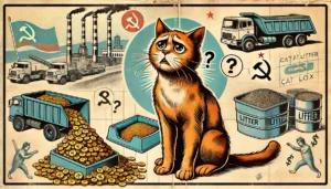 A Soviet art cartoon-style image depicting why cat litter is so expensive.