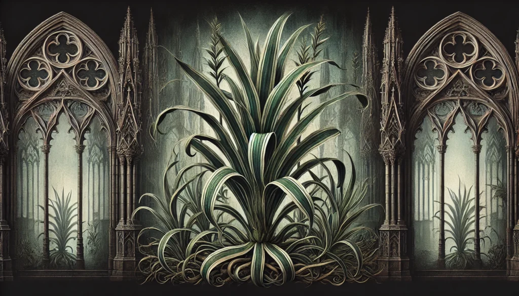 Gothic-style artistic depiction of a Warneckei Dracaena (Dracaena deremensis 'Warneckei') with intricate detailing.