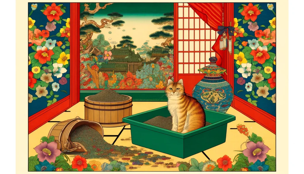 Vibrant Yamato-e depiction of cat litter mold in a traditional Japanese setting, highlighted by intricate details and bright colors.
