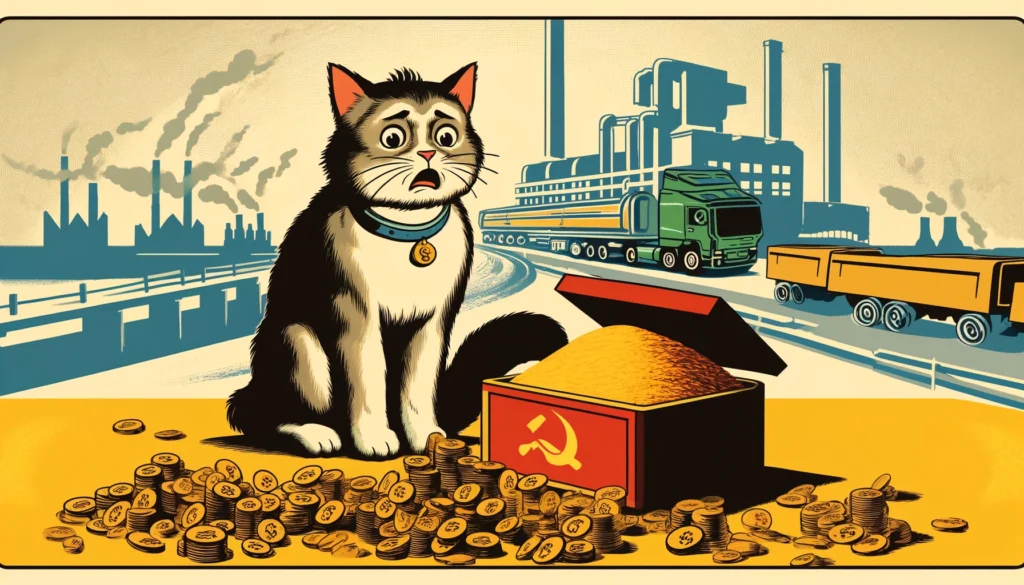 A Soviet art cartoon-style image illustrating why cat litter is so expensive.