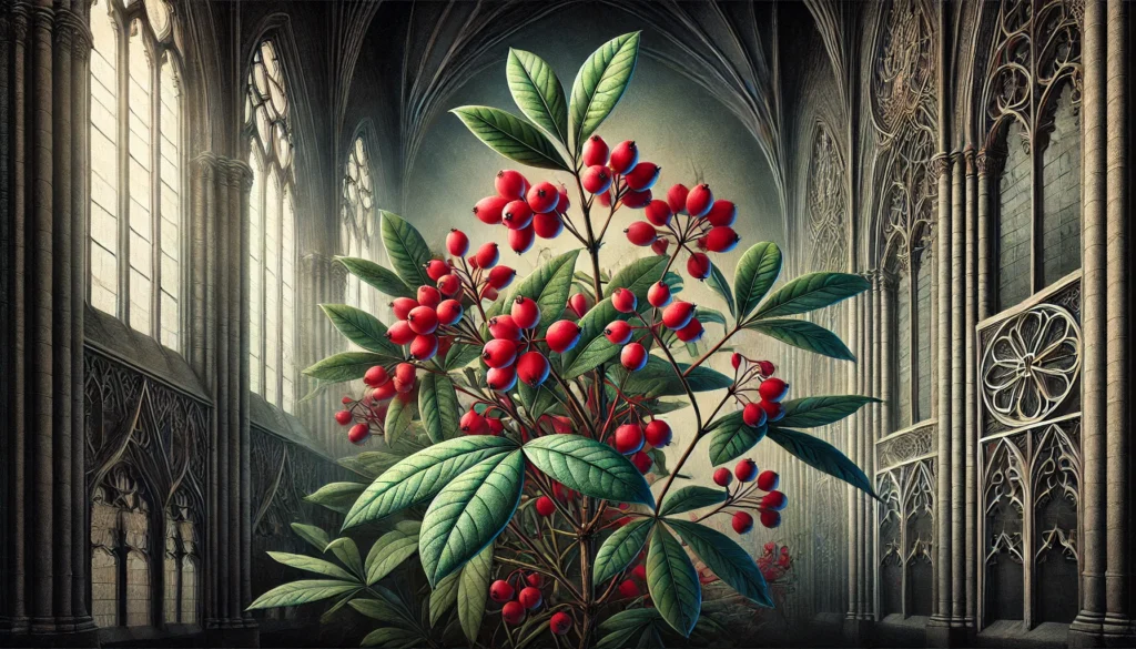 Gothic-style artistic depiction of a Wahoo plant (Euonymus occidentalis) with intricate detailing.