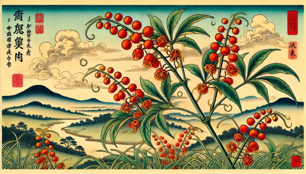 Illustration of an American Bittersweet plant in Ukiyo-e style