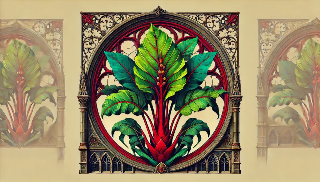 Pie Plant with large green leaves and red stalks in front of intricate gothic architecture.