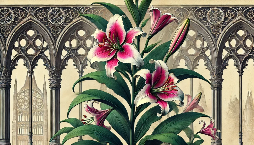 Detailed illustration of a Rubrum Lily plant with Gothic architectural background.