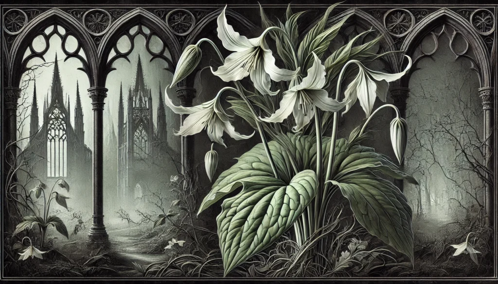 Gothic-style artistic depiction of a Wake Robin plant (Trillium erectum) with intricate detailing.