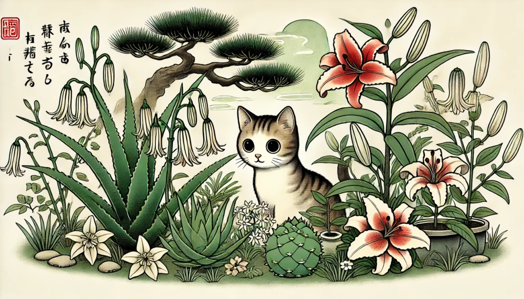 Cat near plants toxic to cats in a Japanese Nihonga art style