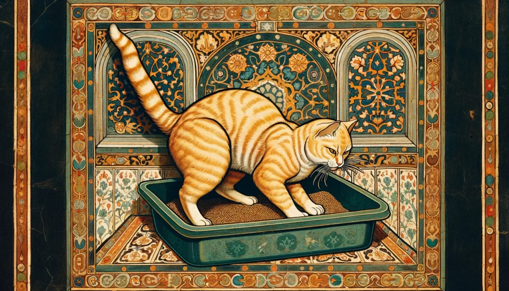 Ottoman art style depiction of a cat digging in a litter box, with intricate patterns and Ottoman architectural motifs in the background, illustrating natural cat behavior.