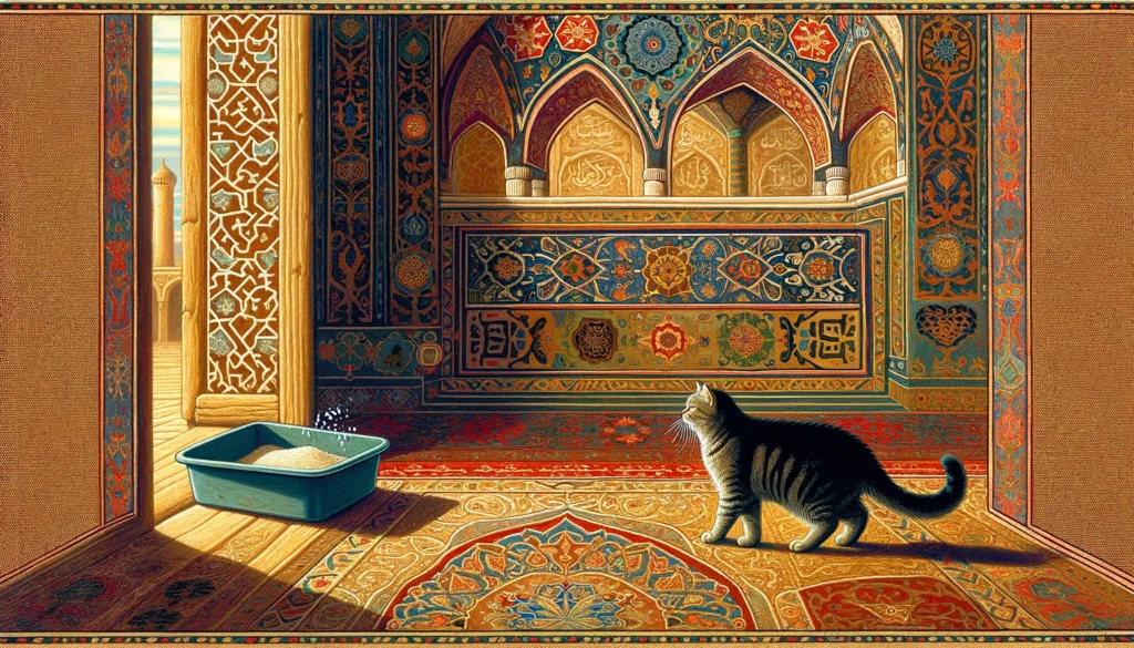 In an Ottoman art style, a cat is depicted near a litter box, symbolizing missing it, against a backdrop of intricate Ottoman patterns and architectural motifs, illustrating the curious feline behavior.