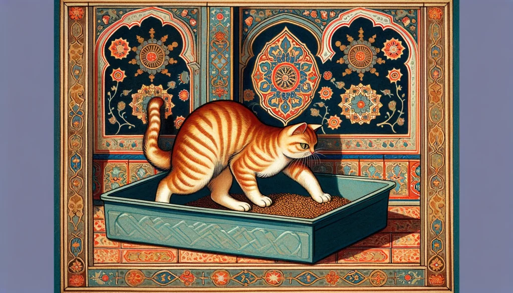 In an Ottoman art style, a cat digs in a litter box, set against a backdrop of intricate patterns and Ottoman architectural elements, showcasing natural cat behavior.