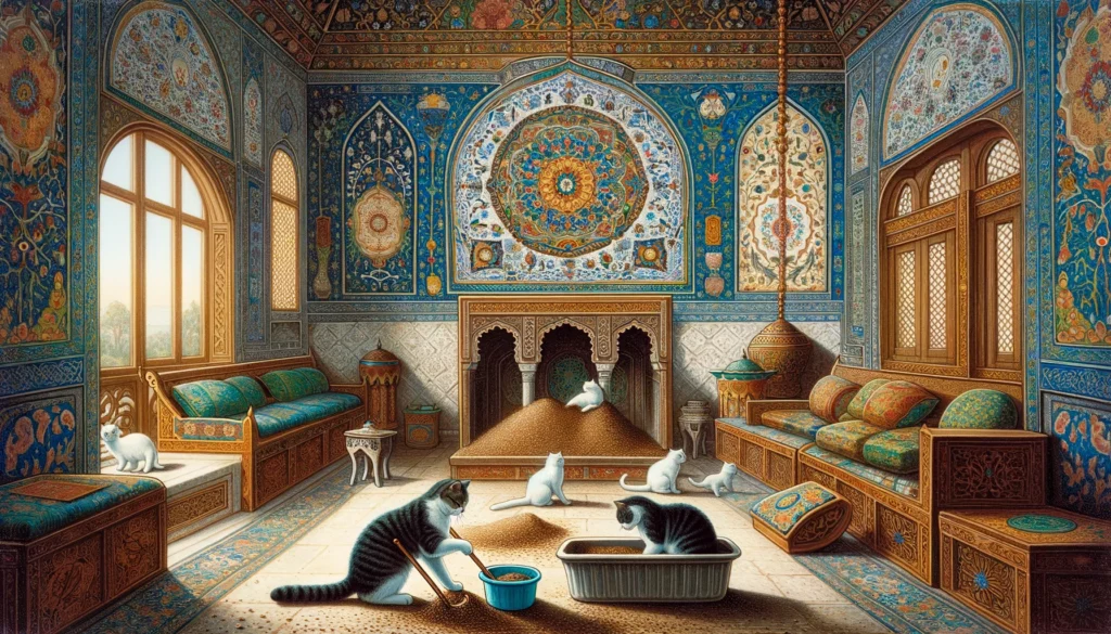 Cats depicted in the Ottoman art style, engaging in the natural act of digging and burying within a litter box, surrounded by the era's rich aesthetic.