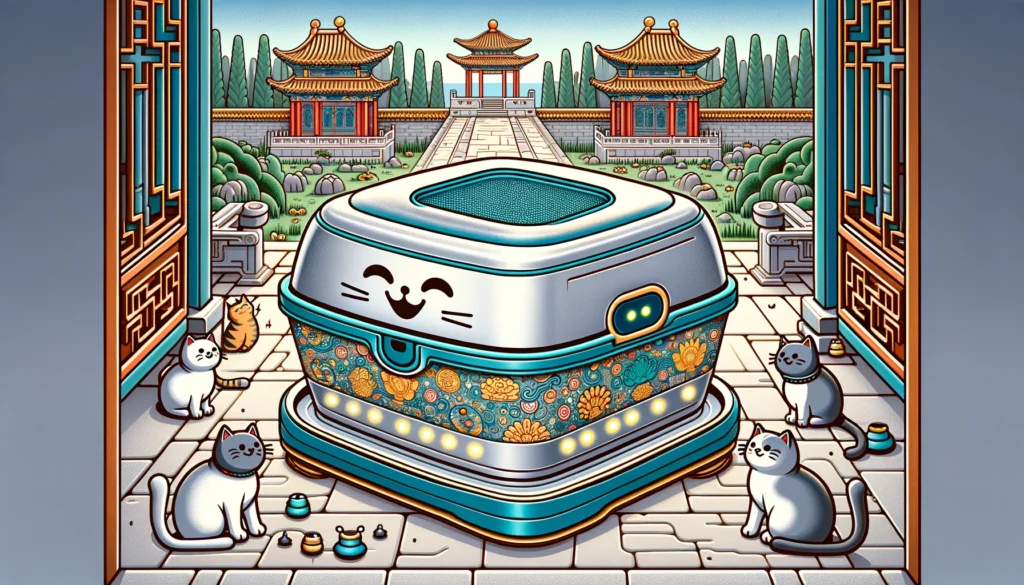 Ming Dynasty-style cartoon showing a friendly automated cat litter box, surrounded by playful cats in a traditional Chinese garden.