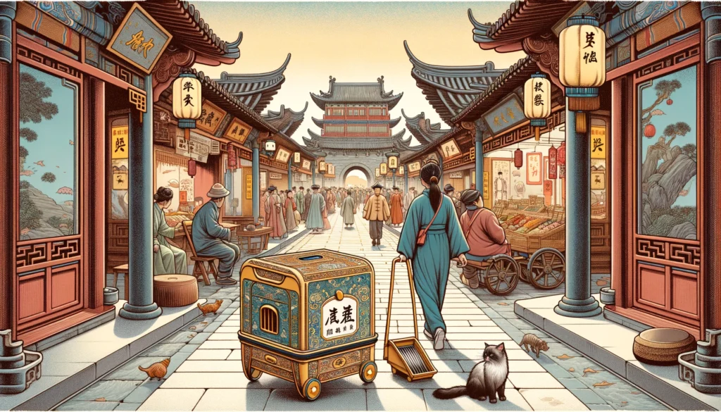 In a Ming Dynasty-style Chinese street scene, a traveler carries a patterned cat litter box amidst market stalls and locals, blending travel with cat care.