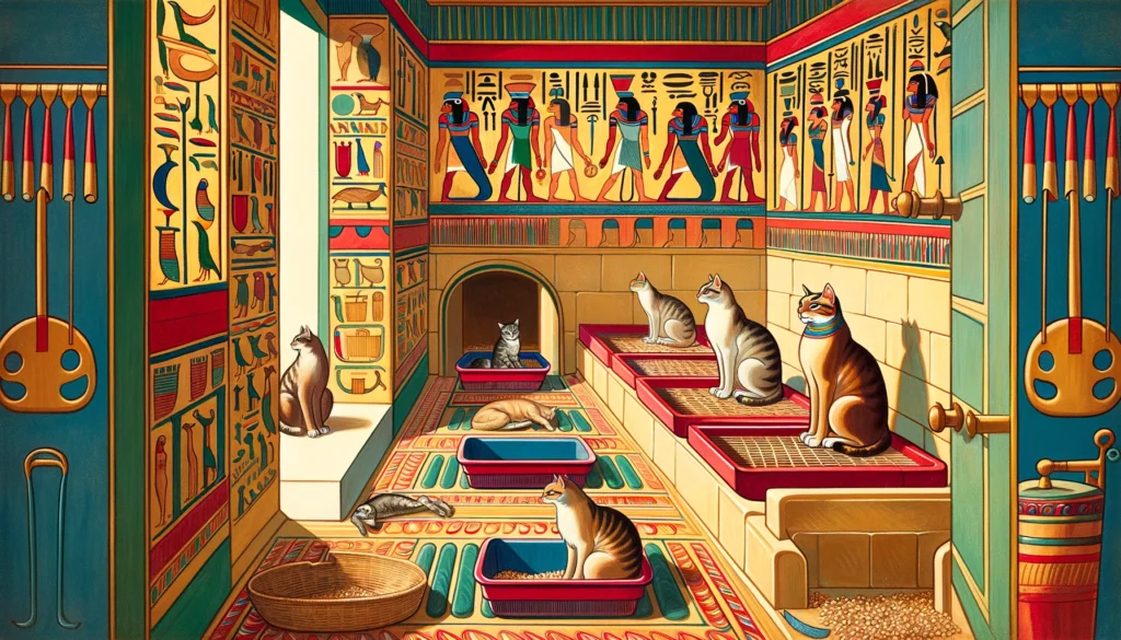 Ancient Egyptians using high-sided litter boxes, mats, and regular cleaning to keep cat litter off the floor, depicted in vibrant Ptolemaic art style with cats in a clean environment.