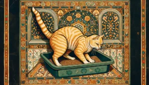 Ottoman art style depiction of a cat digging in a litter box, with intricate patterns and Ottoman architectural motifs in the background, illustrating natural cat behavior.