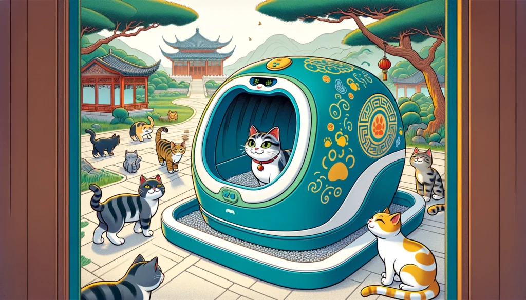 Ming Dynasty-style cartoon with cats interacting with a high-tech litter box resembling a robotic pet, set in a lush Chinese garden.