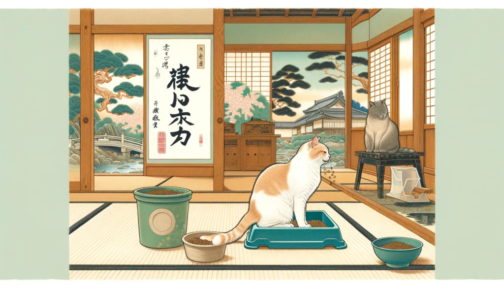 Nihonga artwork depicting a cat with a healthy diet next to a litter box, highlighting the role of diet in litter box training in a serene Japanese setting.