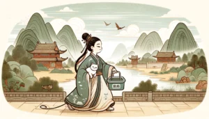 Ming Dynasty traveler holding a cat and a cat litter box in a traditional Chinese landscape.