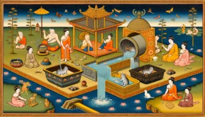 Classical Hindu-Buddhist art depiction of the process of dissolving cat litter in a drain, featuring water and traditional elements, reflecting an ancient approach to this modern issue.