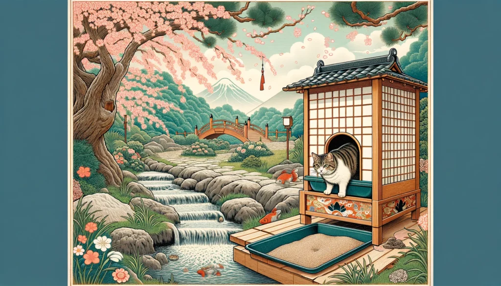 In a Japanese Nihonga style garden, a senior cat explores a patterned litter box, symbolizing the never-too-late journey of learning to use a litter box.