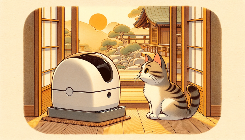 A curious cat exploring a sleek, modern Litter-Robot in a traditional Japanese Nihonga art style setting