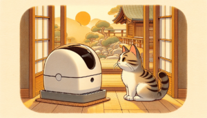 A curious cat exploring a sleek, modern Litter-Robot in a traditional Japanese Nihonga art style setting