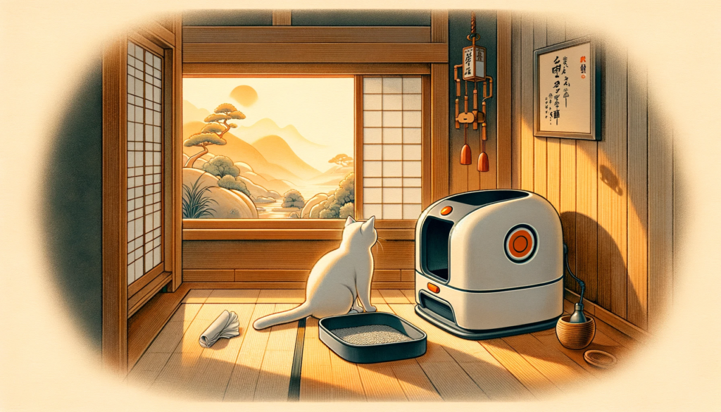 A cat inquisitively exploring a sleek Litter-Robot in a Nihonga-style room with a garden view.