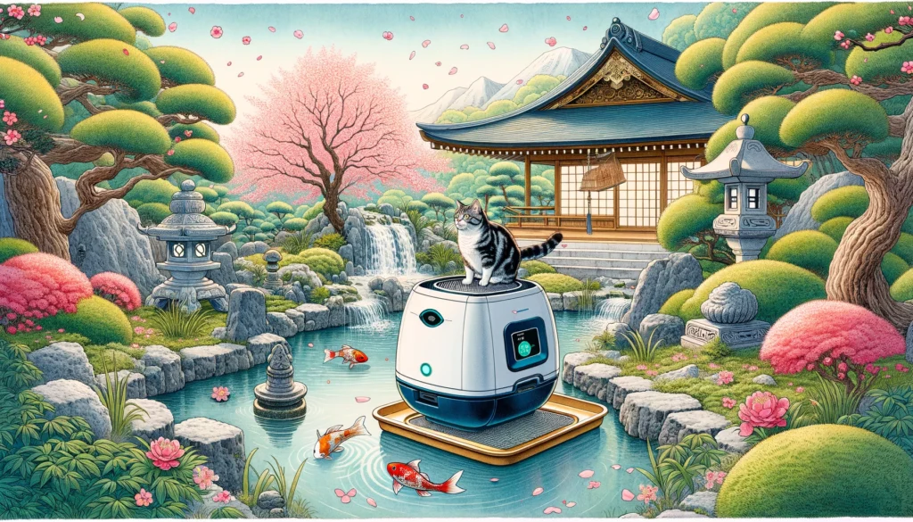 In a Japanese Nihonga style garden, a cat explores a futuristic litter robot among cherry blossoms, illustrating the blend of technology and nature in pet care.