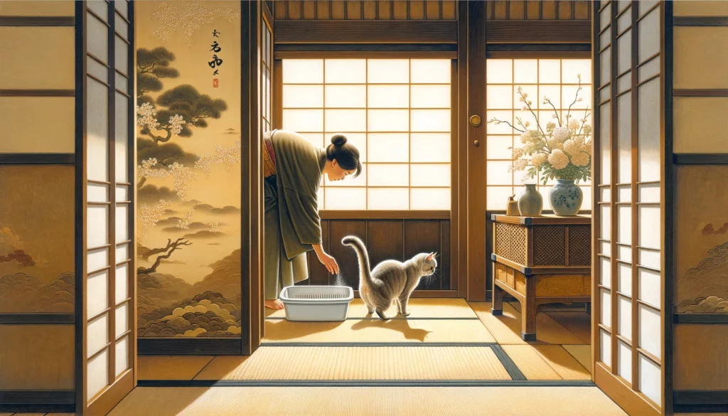 A Nihonga painting of an older cat cautiously approaching a litter box in a traditional Japanese home, symbolizing that it's never too late to learn.