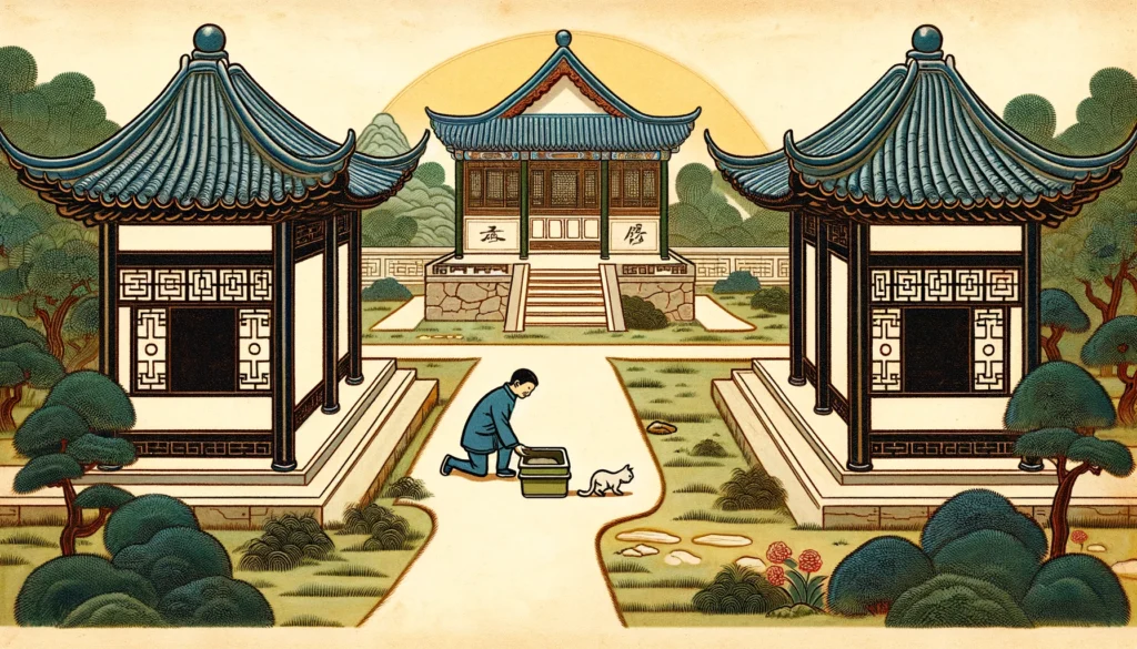 Ming Dynasty style image showing a person guiding a cat to a new litter box in a serene traditional Chinese garden.