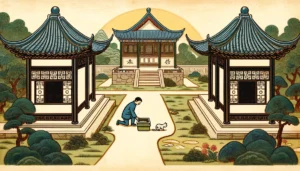 Ming Dynasty style image showing a person guiding a cat to a new litter box in a serene traditional Chinese garden.