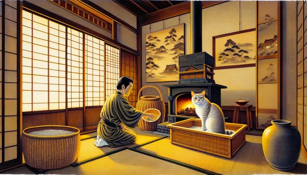 A Nihonga-style painting in a Japanese house with a rescue cat being encouraged to use a litter box, featuring a warm hearth and bamboo mats, representing 'Litter Box Training for Rescue Cats: Tips and Tricks', with no text characters.