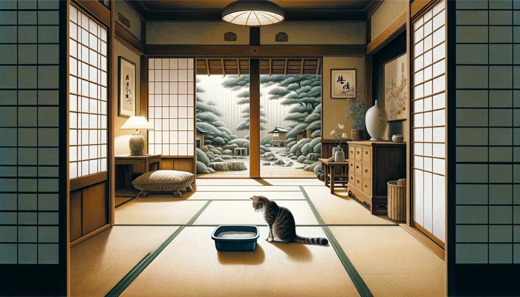 A Nihonga-style painting of a tranquil Japanese home, with a cat cautiously approaching a litter box in a serene room with tatami mats, soft lighting, and a zen garden, illustrating managing litter box aversion in cats, free of text characters.