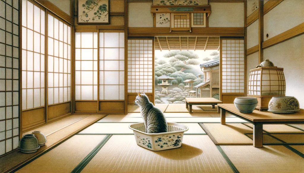 In a traditional Japanese setting depicted in Nihonga style, an elderly cat curiously explores a litter box, symbolizing lifelong learning and adaptation.