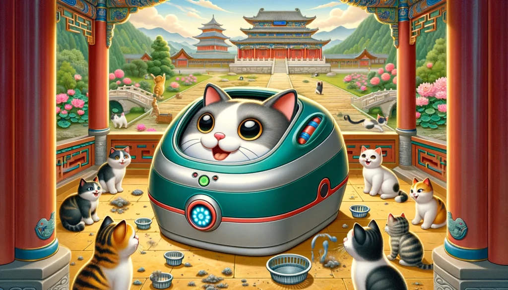 Ming Dynasty-style cartoon of a playful robot-like cat litter box, with cats interacting in a Ming garden.