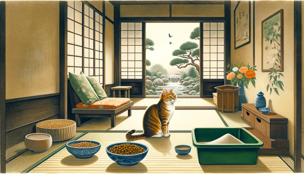 A Nihonga painting showing a content cat near a litter box in a traditional Japanese home, with a focus on a balanced diet's role in successful litter box training, symbolizing harmony and health.