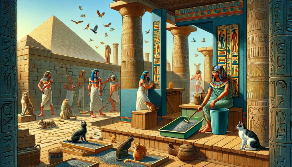 Ancient Egyptians using high-sided litter boxes and textured mats to prevent cat litter scatter, set in a Ptolemaic home.